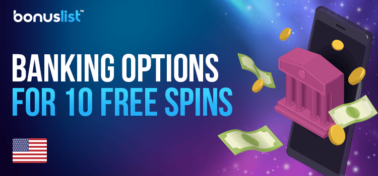 Some cash and a bank logo on a mobile phone for banking options for 10 free spins