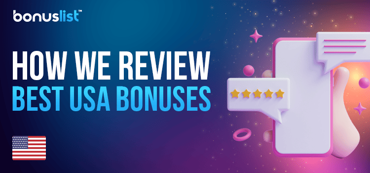 A hand is holding a mobile phone with some star ratings shows how we review new US bonuses