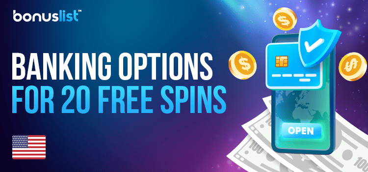 A credit card on a mobile phone with some cash and coins for banking options for 20 free spins