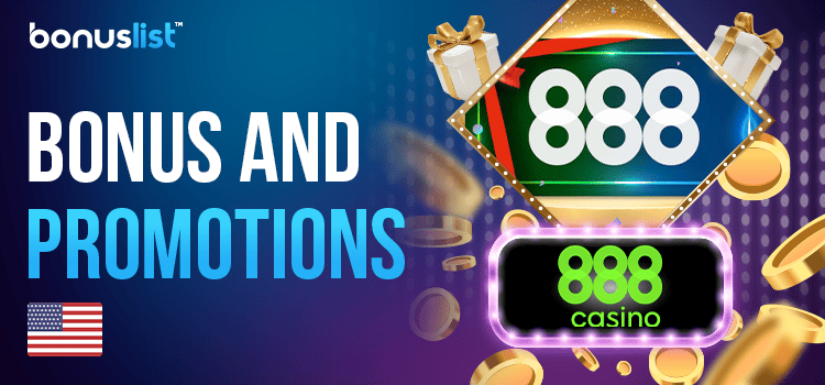 Gift boxes, gold coins and gaming library screen of 888 Casino for bonuses and promotions of the Casino