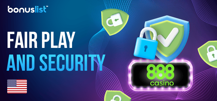 Locks and security logo with check marks for FairPlay and security of 888 Casino