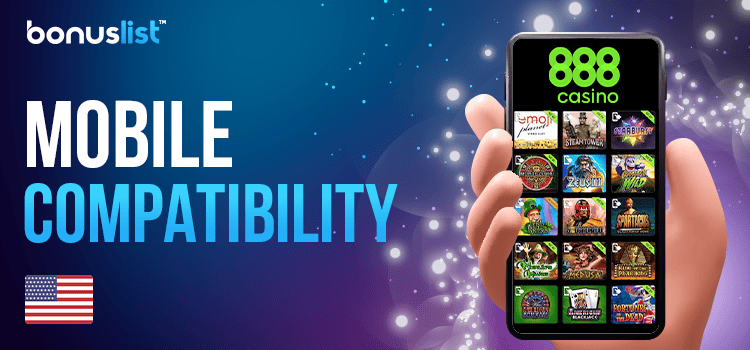 A hand is holding a cellphone with 888 Casino mobile app on it for mobile compatibility