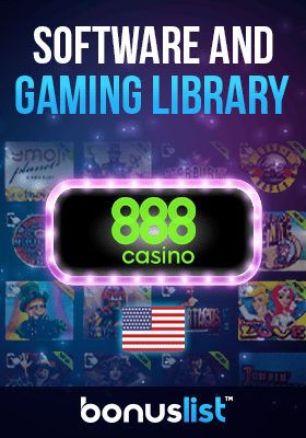 888 Casino gaming library screen along with a USA flag