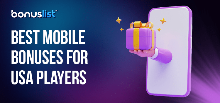 A hand coming from a mobile phone holding a gift box for the best mobile casino bonuses in USA