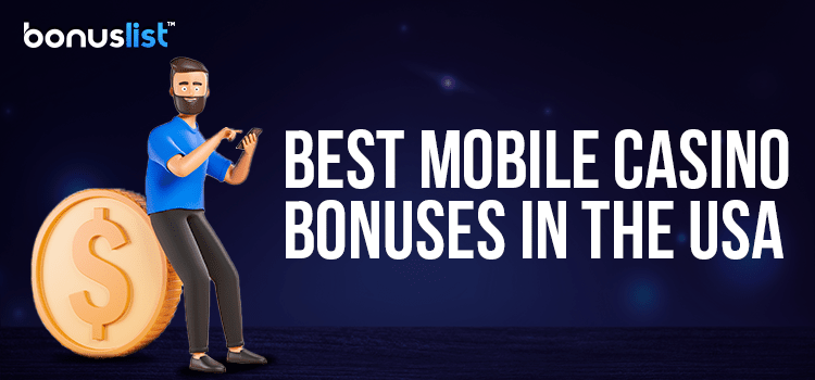 A man with a mobile sitting on a big gold coin for the best mobile casino bonuses