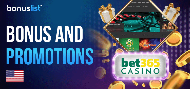 Gift boxes, gold coins and gaming library screen of Bet365 for bonuses and promotions of Bet365 Casino