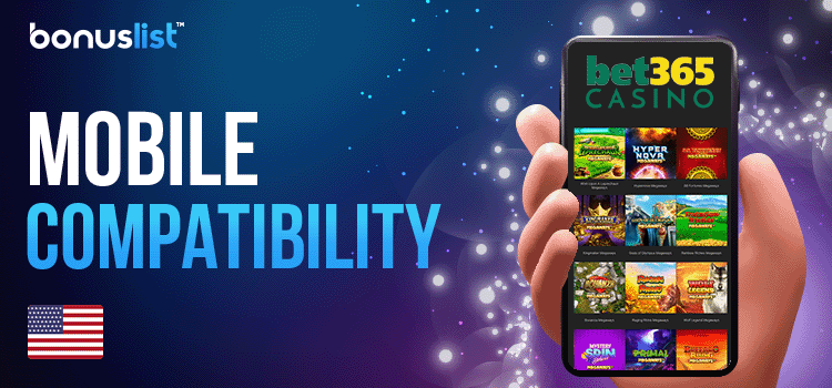A hand is holding a cellphone with Bet365 Casino mobile app on it for mobile compatibility