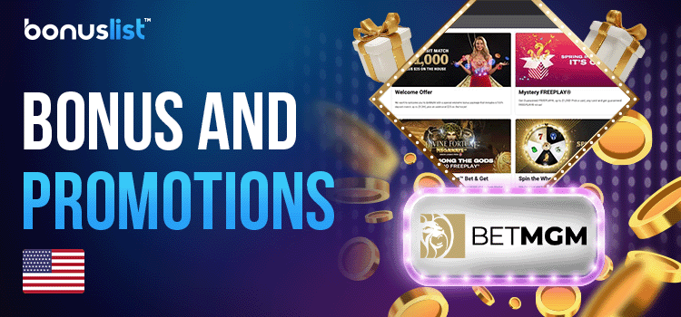 Gift boxes, gold coins and gaming library screen of BetMGM Casino for bonuses and promotions of the Casino