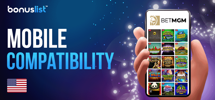 A hand is holding a cellphone with BetMGM Casino mobile app on it for mobile compatibility