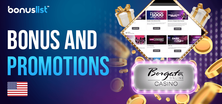 Gift boxes, gold coins and gaming library screen of Borgata Casino for bonuses and promotions of the Casino