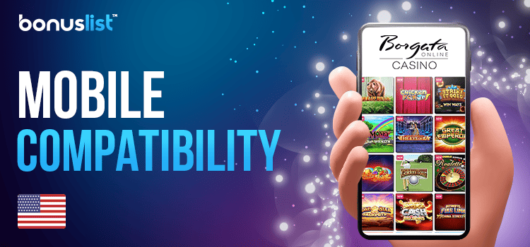 A hand is holding a cellphone with Borgata Casino mobile app on it for mobile compatibility