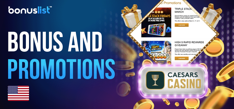 Gift boxes, gold coins logo and bonuses and promotions news of Caesars Casino