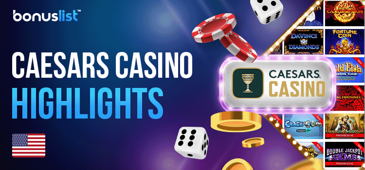 Different gaming items with the Caesars Casino logo for the casino highlights
