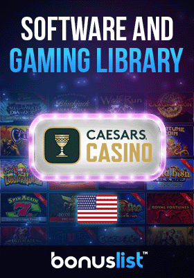 Caesars Casino gaming library screen with a USA flag