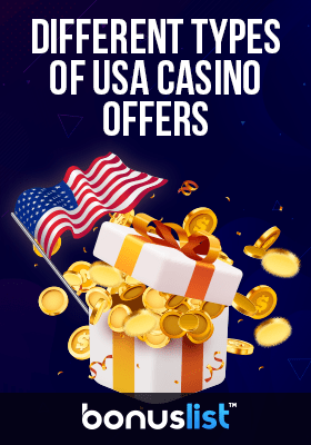 A gift box full of gold coins for different types of casino bonuses available to US players