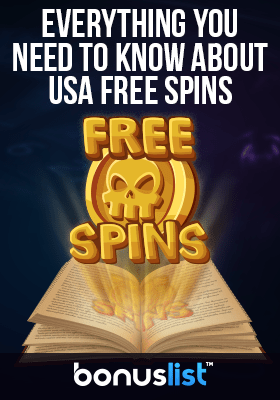 A mythical free spin logo coming from a book explains free spins bonuses for US players