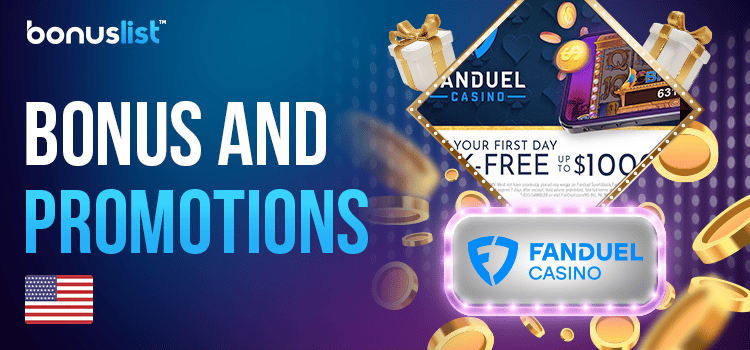Gift boxes, gold coins and gaming library screen of FanDuel Casino for bonuses and promotions of the Casino