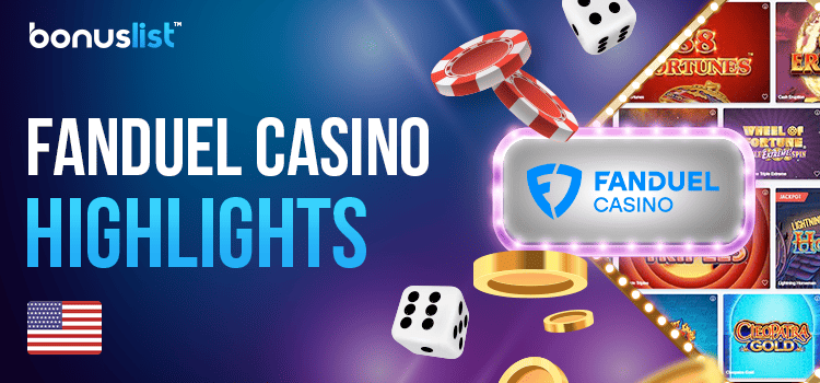 Different gaming items with the FanDuel Casino logo for the casino highlights