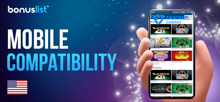 A hand is holding a cellphone with FanDuel Casino mobile app on it for mobile compatibility