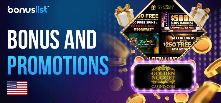 Gift boxes, gold coins and gaming library screen of Golden Nugget for bonuses and promotions of Golden Nugget Casino