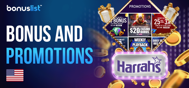 Gift boxes, gold coins and gaming library screen of Harrahs Casino for bonuses and promotions of the Casino