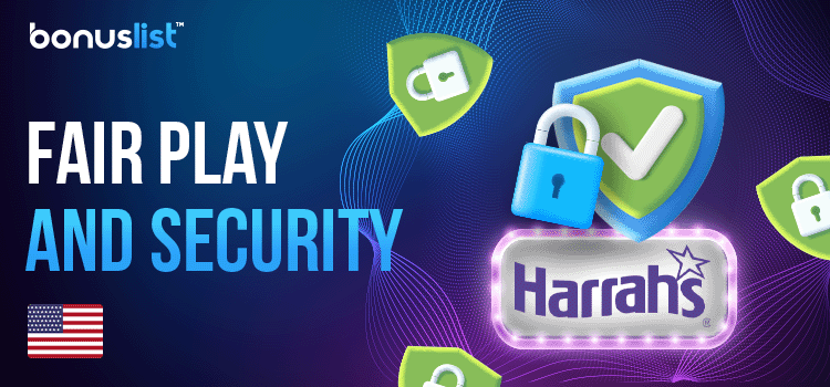 Locks and security logo with check marks for FairPlay and security of Harrahs Casino