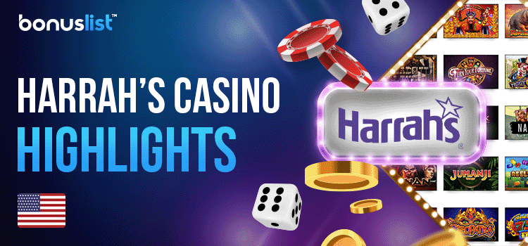 Different gaming items with the Harrahs Casino logo for the casino highlights