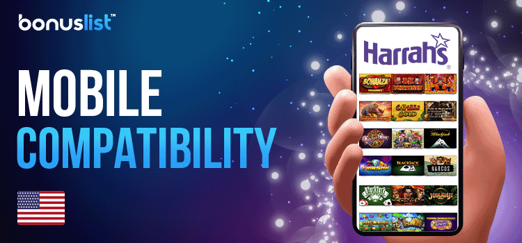 A hand is holding a cellphone with Harrahs Casino mobile app on it for mobile compatibility