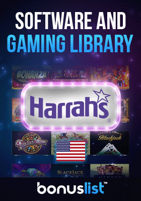 Harrahs Casino gaming library screen along with a USA flag