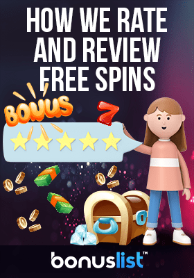 A girl with a 5-Star rating card and a chest of cash & coins shows how we review and rate US free spins casinos