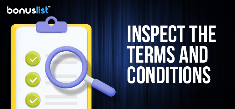 A mobile bonus terms and condition page is being inspected with a magnifying glass