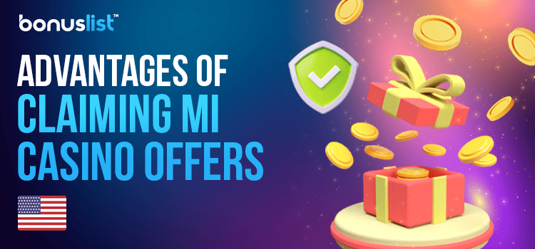 Some gold coins in a gift box with a check mark for the advantages of claiming MI casino offers