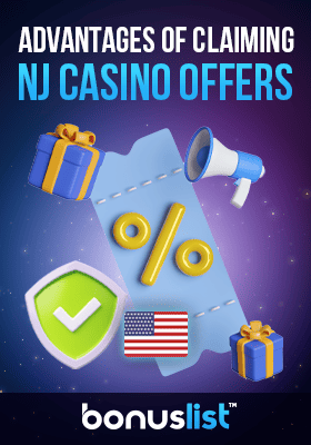 A big discount coupon with a megaphone, gift boxes and a security check mark for advantages of claiming NJ casino offers