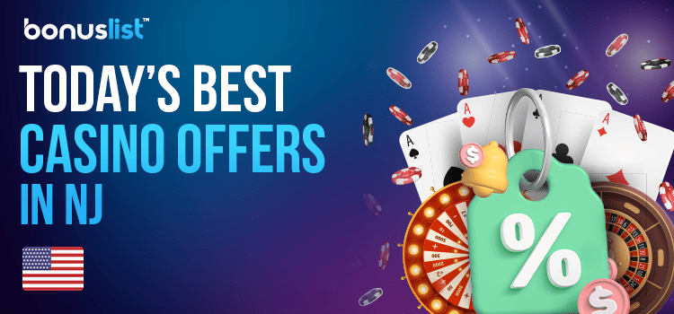 Casino roulette machines with some cards, chips and a coupon key ring for today's best casino offers in NJ