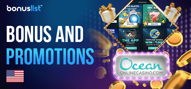 Gift boxes, gold coins and gaming library screen of Ocean Casino Resort for bonuses and promotions of the Casino