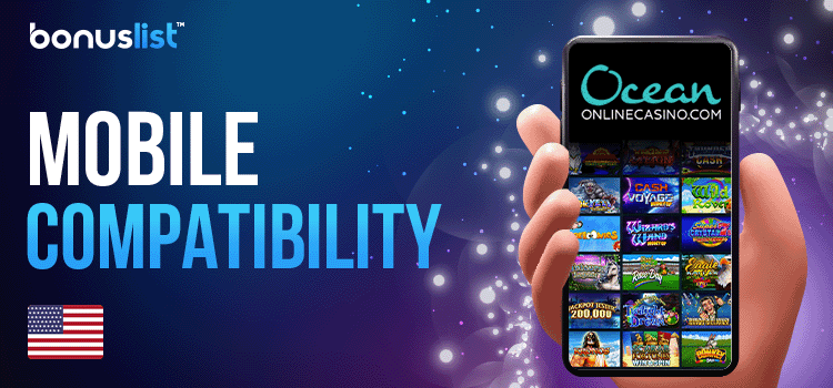 A hand is holding a cellphone with Ocean Casino Resort mobile app on it for mobile compatibility