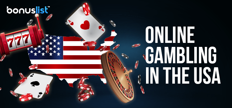 Different casino gaming items with a USA flag describe bout the US online casino industry