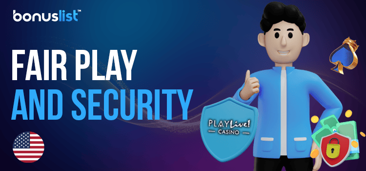 A person is showing an OK sign with security and a lock logo for FairPlay and security of PlayLive Casino