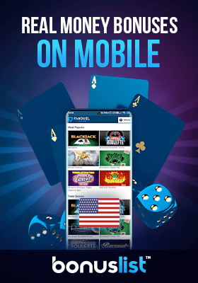 Some playing cards with a mobile phone displaying some real money bonuses for mobile devices