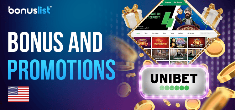 Gift boxes, gold coins and gaming library screen of Unibet Casino for bonuses and promotions of the Casino