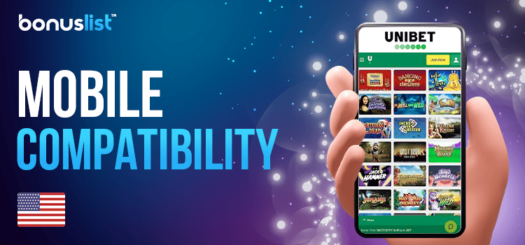 A hand is holding a cellphone with Unibet Casino mobile app on it for mobile compatibility